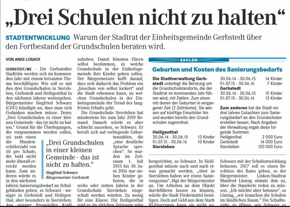 So berichtete die Mitteldeutsche Zeitung zum Thema Grundschulen in Gerbstedt am 28. Dezember 2016.