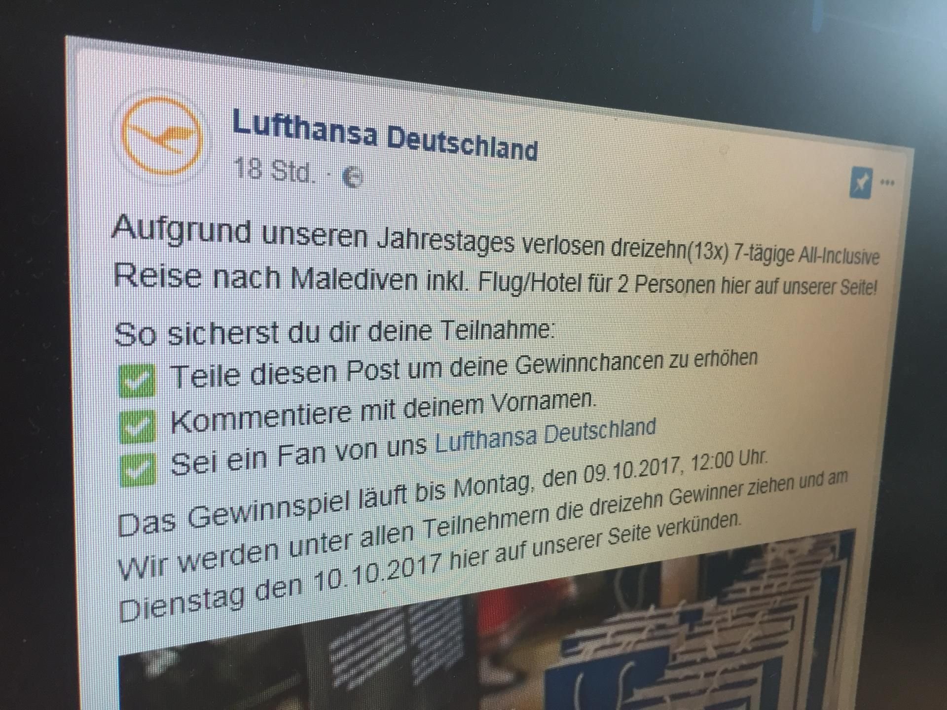 Auf Facebook verlost ein falscher „Lufthansa“-Account angeblich eine Traumreise auf die Malediven.