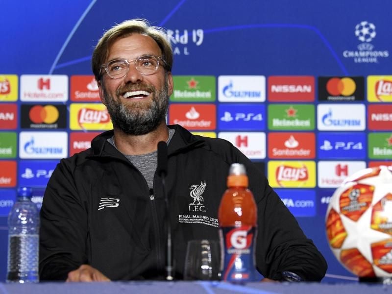 Bester Laune: Liverpool-Coach Jürgen Klopp bei der Pressekonferenz vor dem Champions-League-Finale. Foto: Stuart Franklin/UEFA