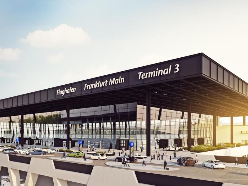 Eine Computer-Darstellung zeigt das Gebäude des geplanten Terminal 3 auf dem Flughafen von Frankfurt. Foto: Fraport AG/Archivbild