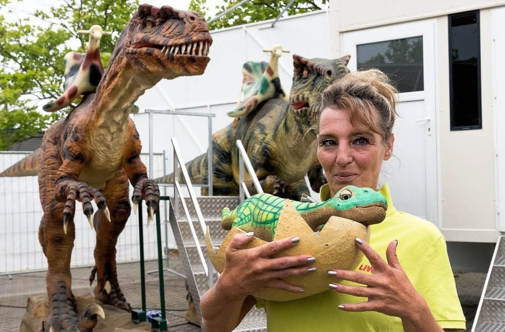 Silke Neigert zeigt den Diplodocus-Nachwuchs in seiner Eierschale. Bis Sonntag laufen in Merseburg mehrere Dino-Shows.