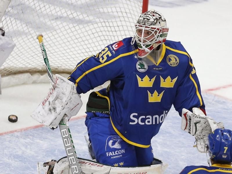 Der schwedische Torhüter Johan Gustafsson wechselt zu Adler Mannheim. Foto: Yuri Kochetkov/EPA