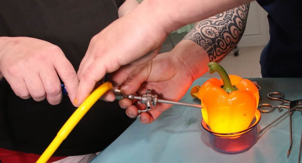 Das ist kein ausgefallenes Nachtlicht. Das Laparoskop hat neben der Optik auch eine Lampe, um das Operationsgebiet auszuleuchten. In diesem Fall eben eine gelbe Paprika.