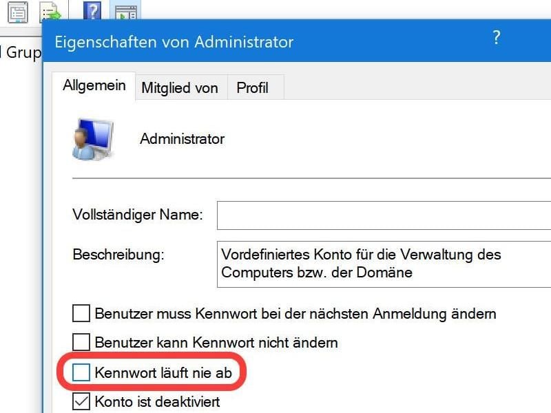 Sollen Benutzer regelmäßig ihr Kennwort ändern, ist bei der Administrator-Funktion „Kennwort läuft nie ab” der Haken zu entfernen. Foto: dpa-infocom