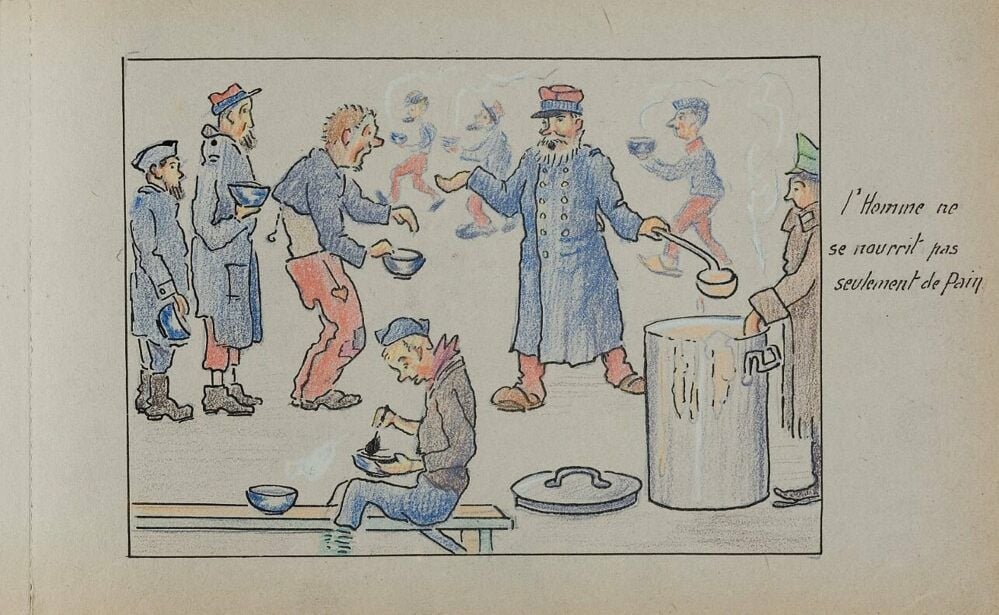 Dass es im Lager nicht nur trocken Brot gab, malte Georges Roucou.