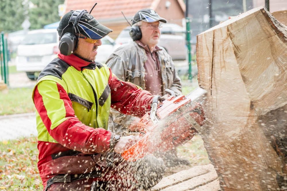 Die Kunst der Holzbildhauerei mittels Kettensäge präsentieren auf dem Herbstmarkt in Löbitz Uwe Demmrich (l.) und Peter Duus.