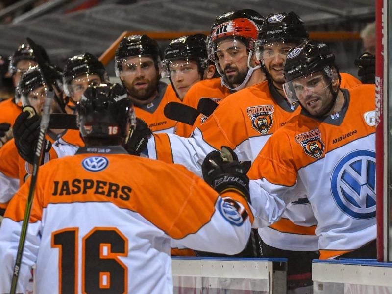 Die Mannschaft der Grizzlys Wolfsburg jubelt nach dem Treffer zum 2:0 gegen die Straubing Tigers. Foto: Armin Weigel
