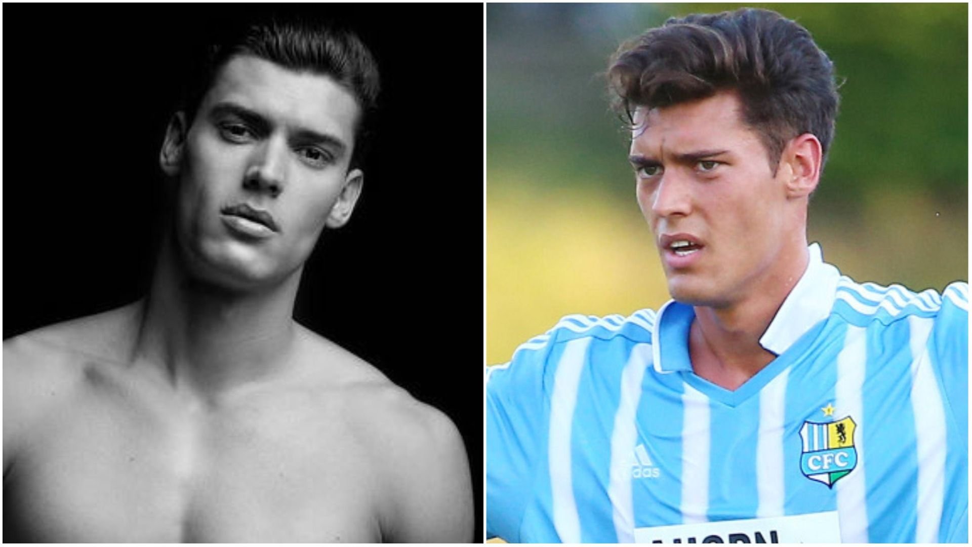 Myroslaw Slawow: Links als Modell und rechts als Fußballer des Chemnitzer FC.
