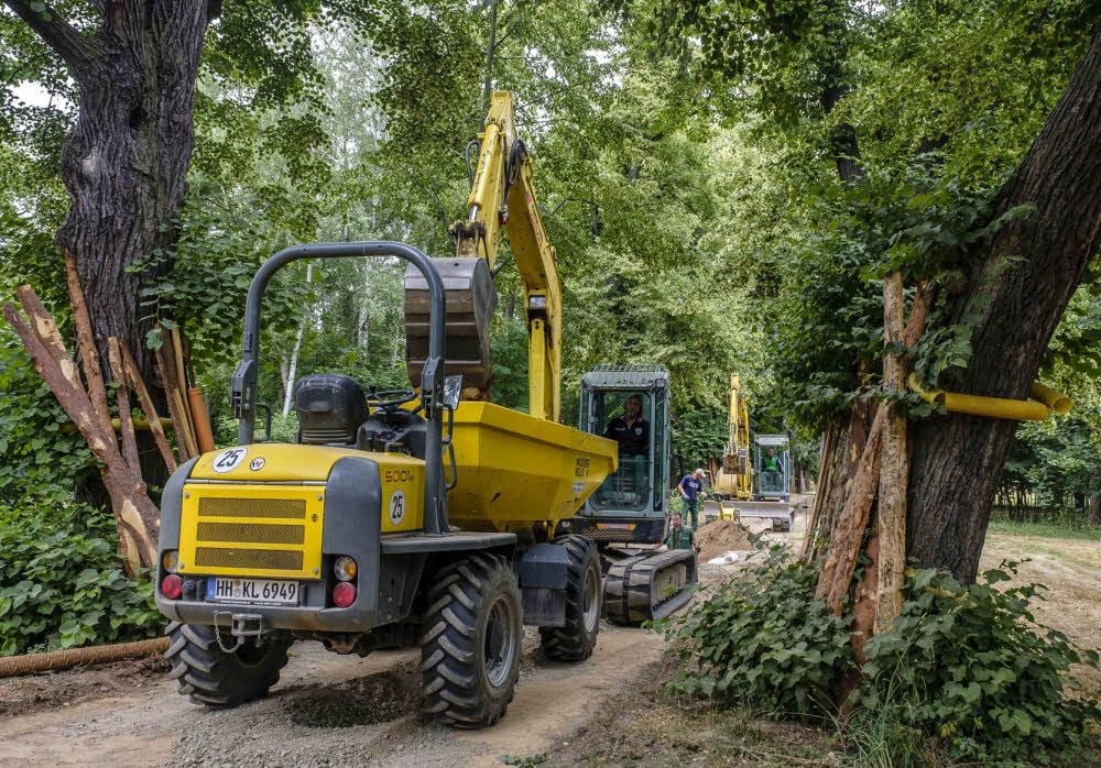 Als erstes kommt der Tiefbau: Ein umfangreiches Drainagesystem wird im Pretzscher Schlosspark verlegt.