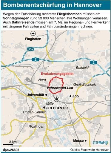Weil mehrere Fliegerbomben entschärft werden sollen, müssen am 7. Mai rund 50 000 Menschen in Hannover ihre Wohnungen verlassen.