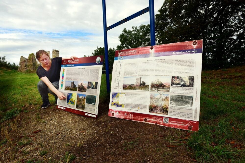 Die alte Infotafel an der Burg Arnstein wird in Kürze erneuert. Michelle Müller vom Regionalverband Harz zeigt, wie sie künftig aussehen wird.