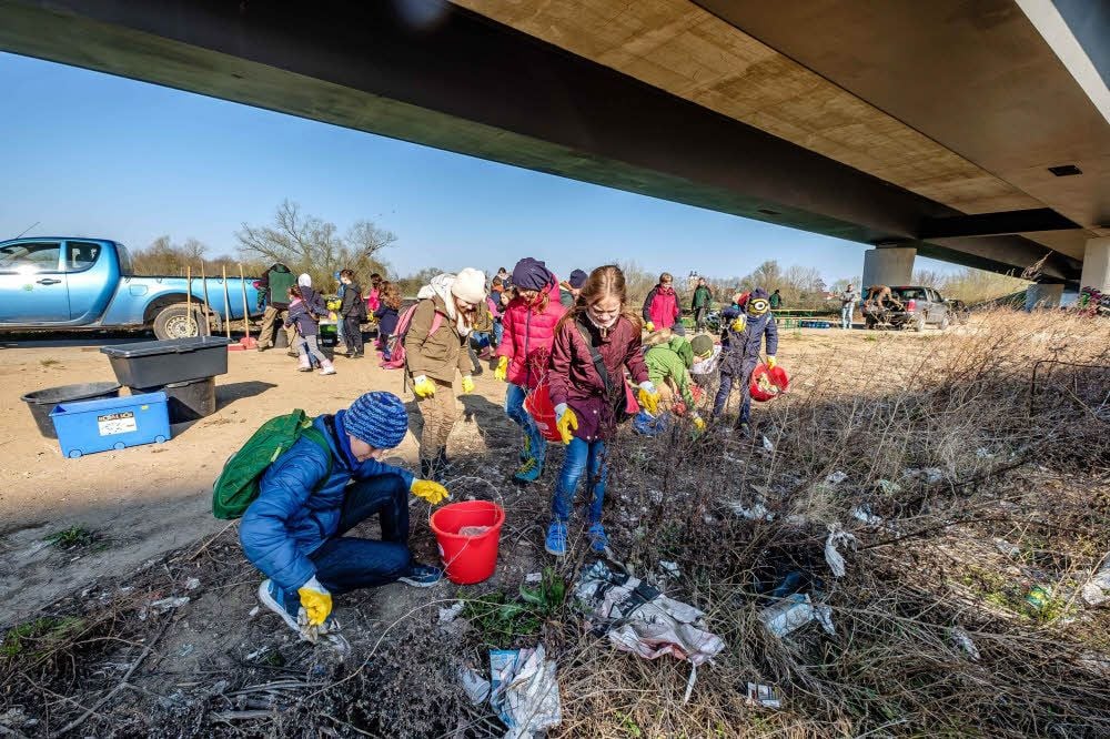 Unter der Wittenberger Elbebrücke sammeln Viertklässler der Diesterweg-Grundschule Müll und Unrat auf.
