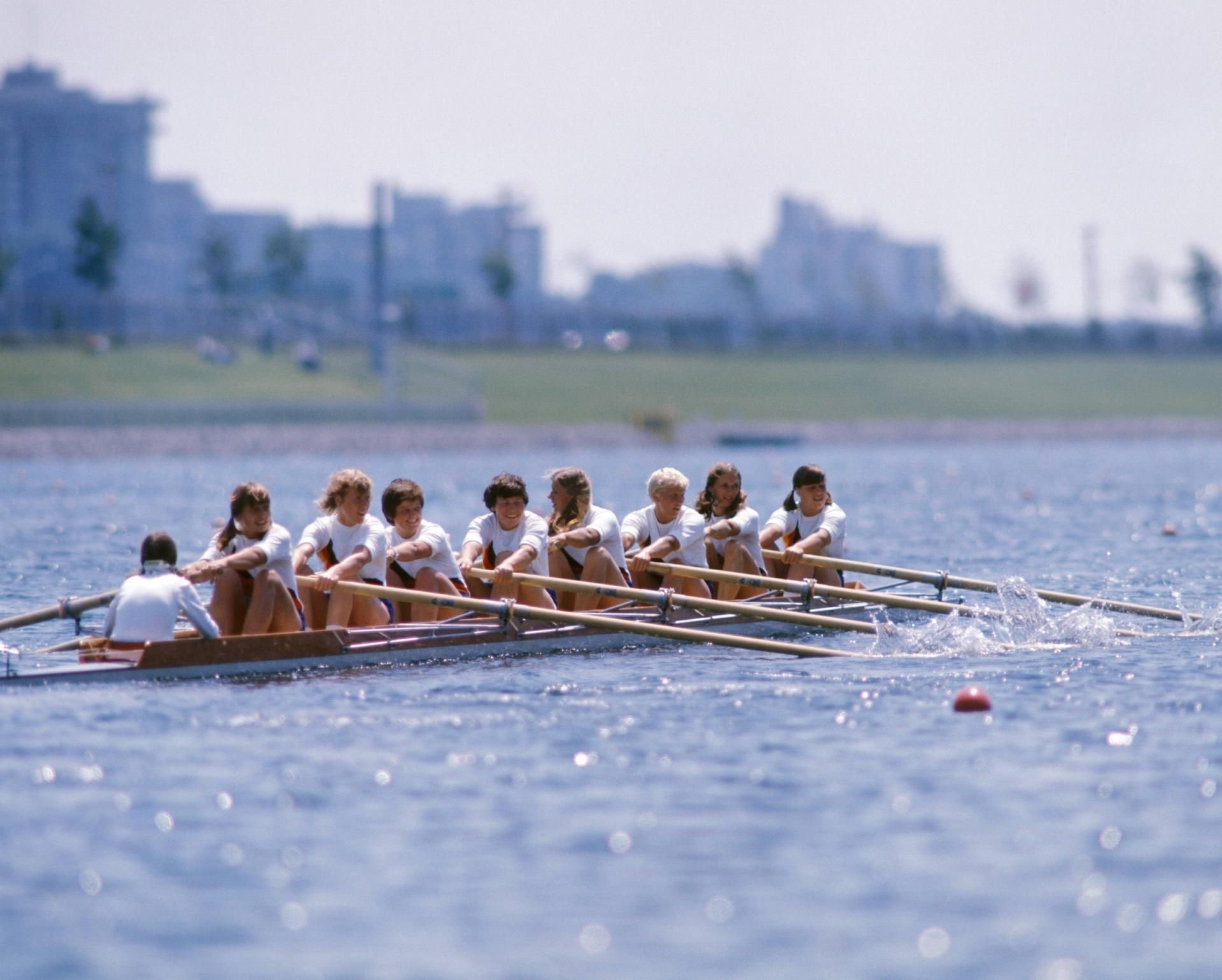 Montreal 1976 bei den olympischen Sommerspielen: DDR Achter mit Viola Goretzki, Christiane Knetsch, Ilona Richter, Brigitte Ahrenholz, Monika Kallies, Henrietta Ebert, Helma Lehmann, Irina Müller und Marina Wilke.