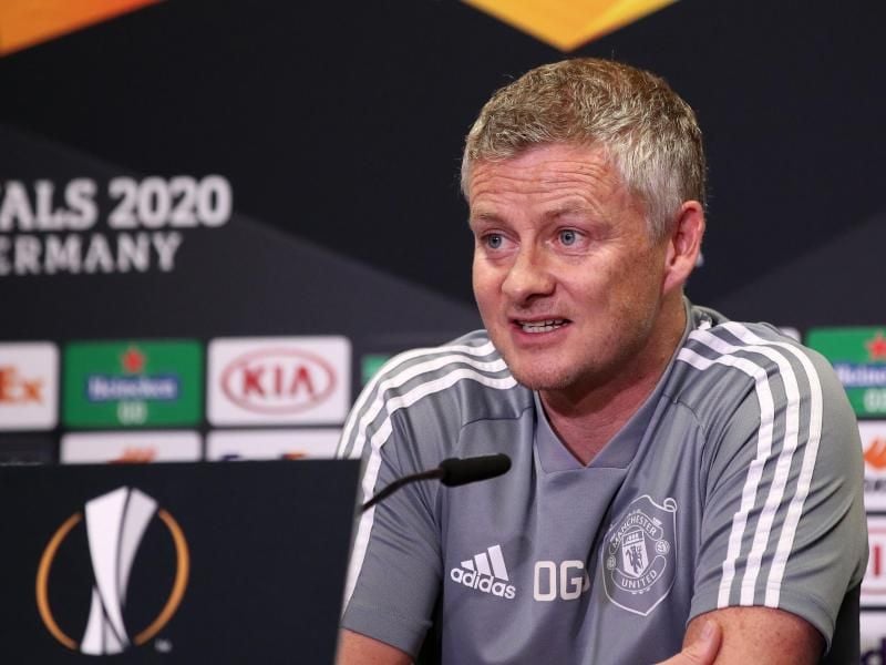 Der United-Cheftrainer Solskjaer steht vor dem Europa League-Halbfinale bei der Pressekonferenz Rede und Antwort. Foto: -/UEFA via Getty Images/dpa