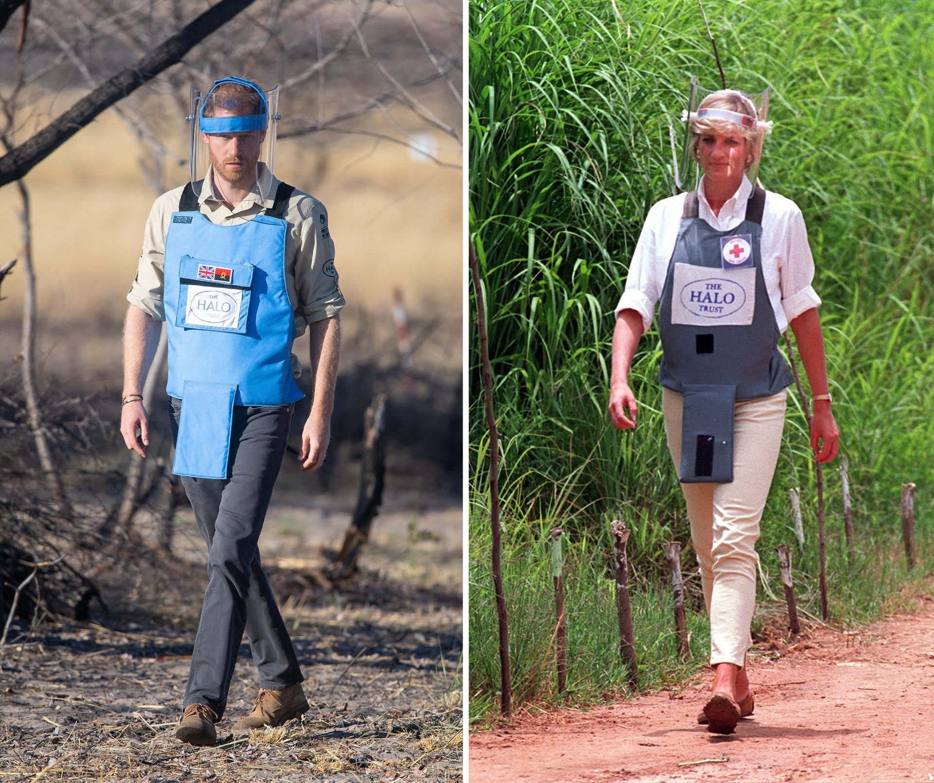 Der britische Prinz Harry (l), Herzog von Sussex, geht über ein Minenfeld in Dirico, Angola, und ein Archivbild aus dem Jahr 1997 von seiner Mutter Diana, Prinzessin von Wales, die während ihrer Afrikareise über ein Minenfeld in Huambo, Angola, geht.