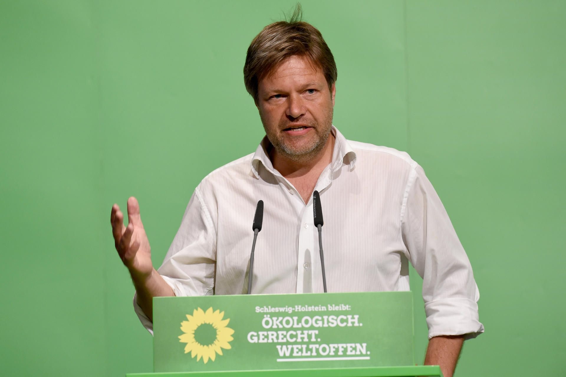 Der schleswig-holsteinische Umweltminister Robert Habeck von den Grünen auf dem Landesparteitag im Mai: Die Grünen haben sich für eine Jamaika-Koalition ausgesprochen.