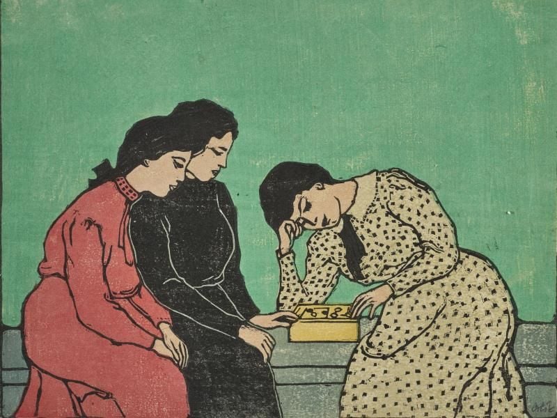 Ein Farbholzschnitt von Emil Orlik: „Drei Mädchen beim Brettspiel” (1906/08). Foto: Norbert Miguletz/Sammlung Eugen Otto/Schirn