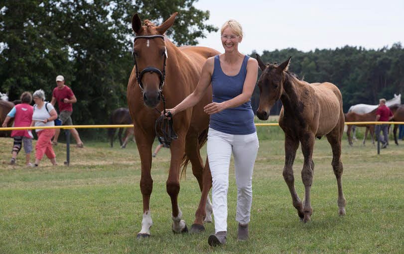 Nicole Albrecht aus Rheinsdorf hatte auf dem Reitplatz in Gadegast gut lachen. Ihr Fohlen erhielt von der Jury sehr gute Noten.