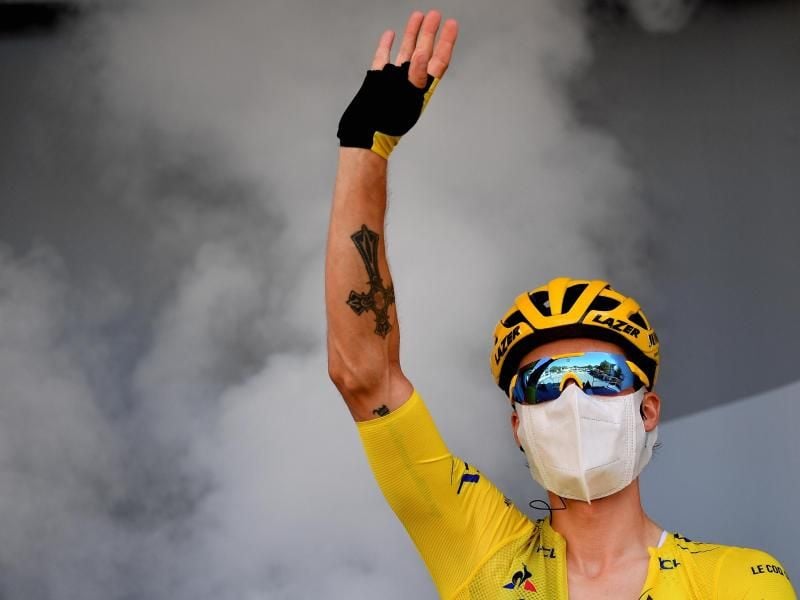 Trägt auch auf der Königsetappe der Tour de France 2020 das Gelbe Trikot: Primoz Roglic. Foto: David Stockman/BELGA/dpa