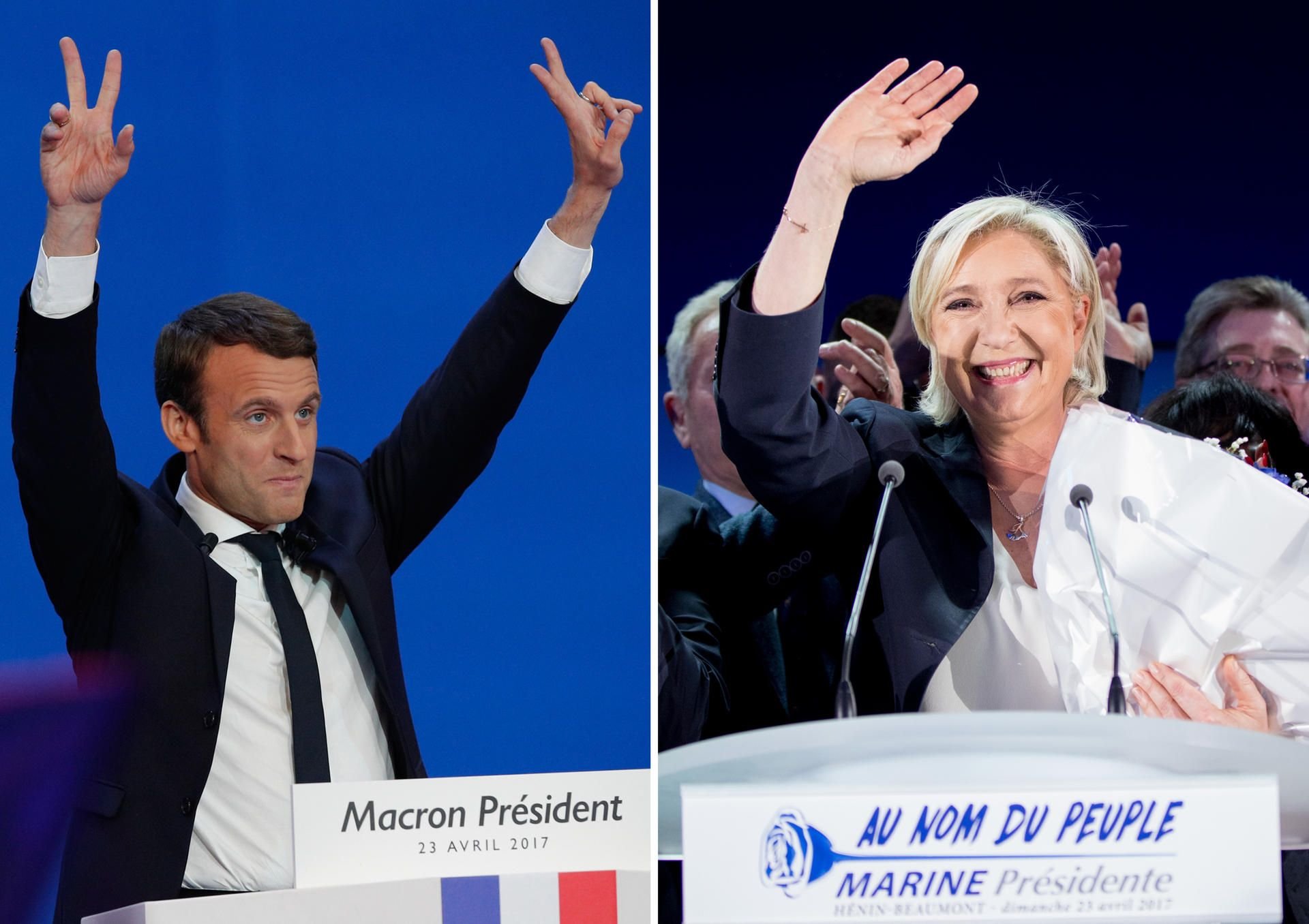 Macron und Le Pen nach Bekanntgabe der Ergebnisse der ersten Wahlrunde.