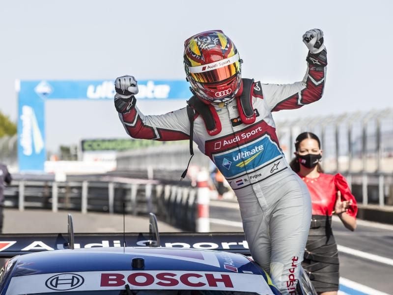 Robin Frijns vom Audi Sport Team Abt Sportsline jubelt über seinen Sieg. Foto: Thomas Suer/Hoch Zwei/ITR/DTM/dpa