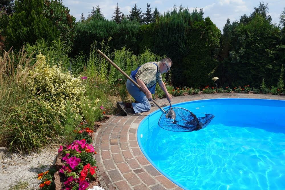 Mit einem Kescher kann der Naturschutzbeauftragte Herbert Mahler den jungen Kranich schließlich aus dem Pool retten.