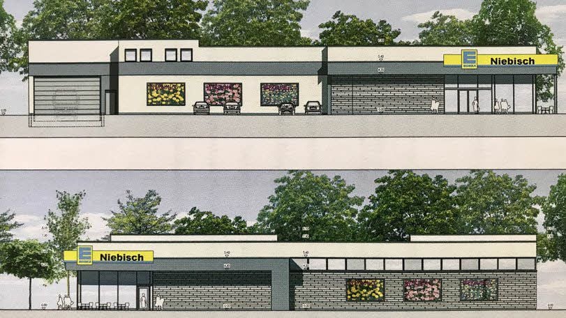 Die Visualisierung zeigt den geplanten Edeka-Markt von Süden (oben) und von Osten. Das neue Center soll ein Café mit Sitzmöglichkeiten erhalten.