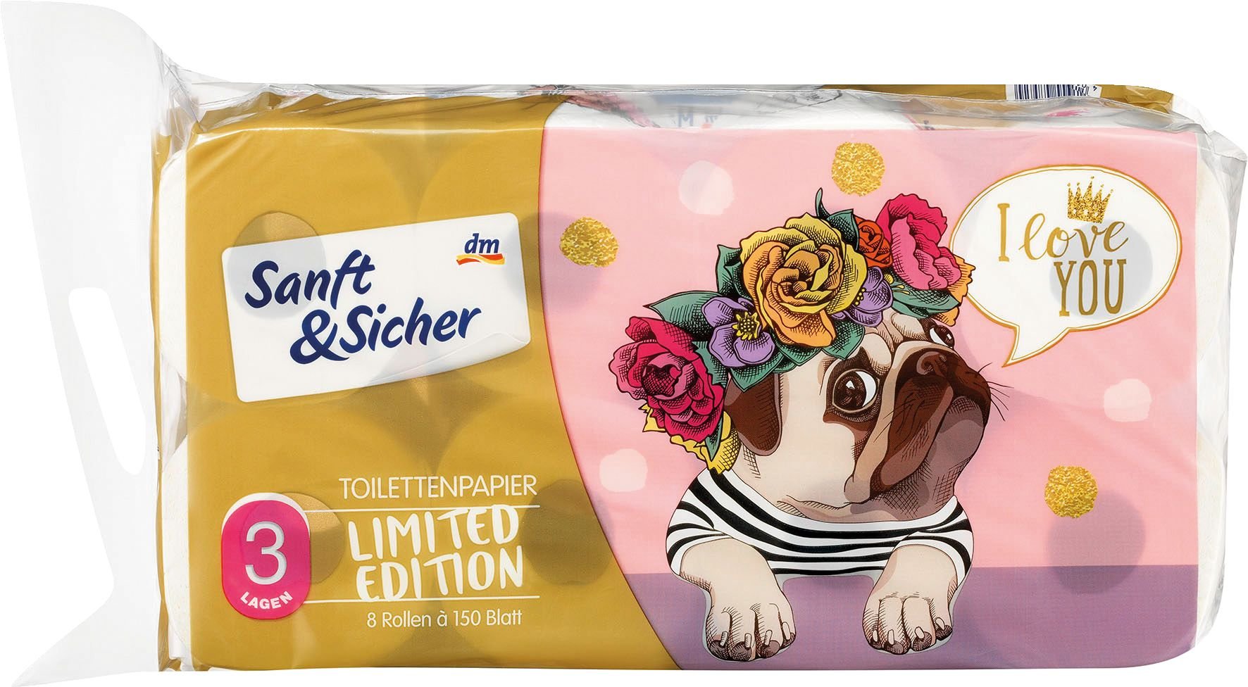 Eine Packung "Sanft und Sicher" (limitiertes Toilettenpapier) des Drogeriemarkts dm mit aufgedruckten Mops-Bildern