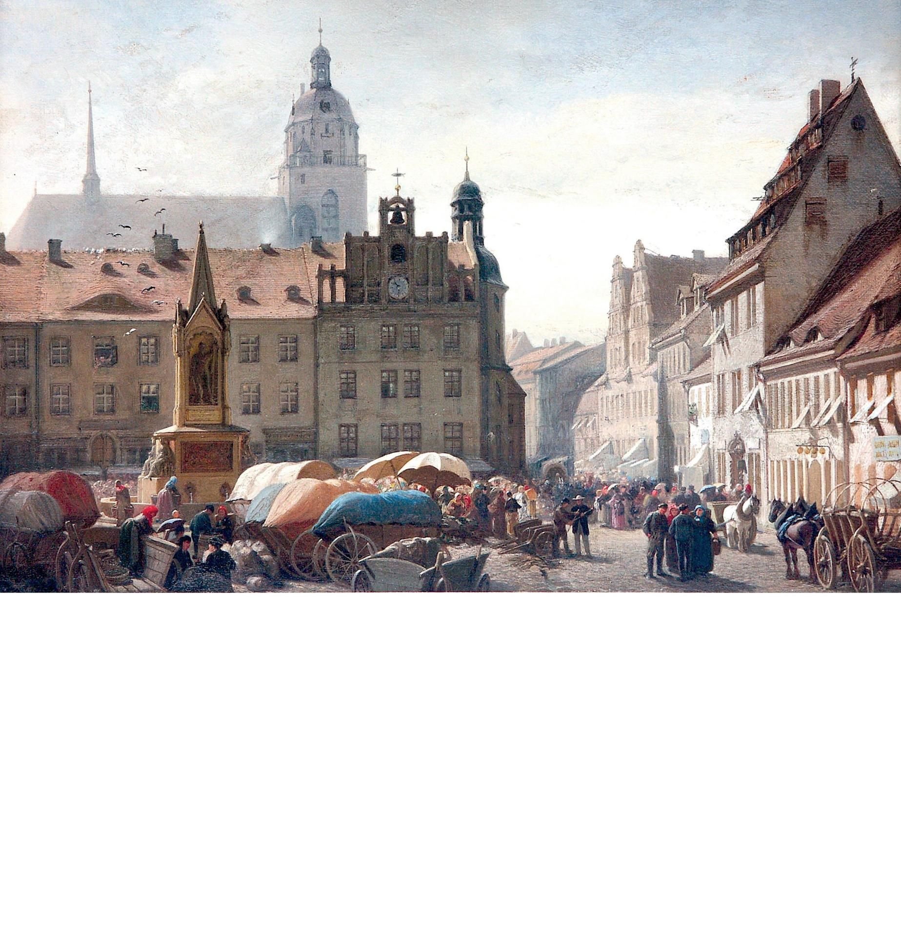 Der Dessauer Marktplatz vor 1890. Man sieht rechts das Pfeifferhaus mit seinem markanten Dach. Das Haus ist bis heute erhalten.