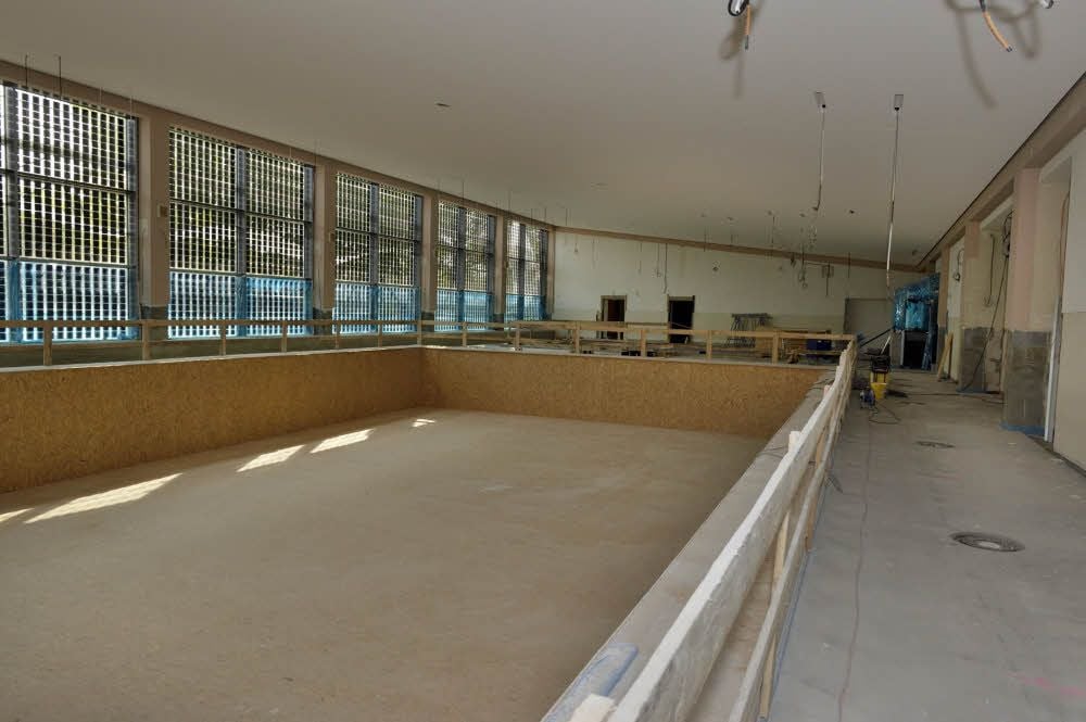 Die Decke über dem Schwimmbad ist fertig und unter dem Holz befindet sich das bereits geflieste Becken.
