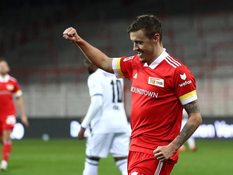 Sicherer Elfmeterschütze: Unions Max Kruse feiert, nachdem er das Tor zum 4:0 per Elfmeter erzielt hat. Foto: Maja Hitij/Getty Images Europe/Pool/dpa