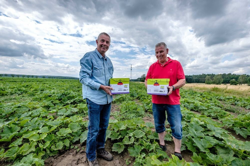 Landwirt Klaus Hagendorf (rechts) und Imker Harald Wilhelm auf dem Kürbisfeld, in der Hand die hilfreichen Hummelboxen