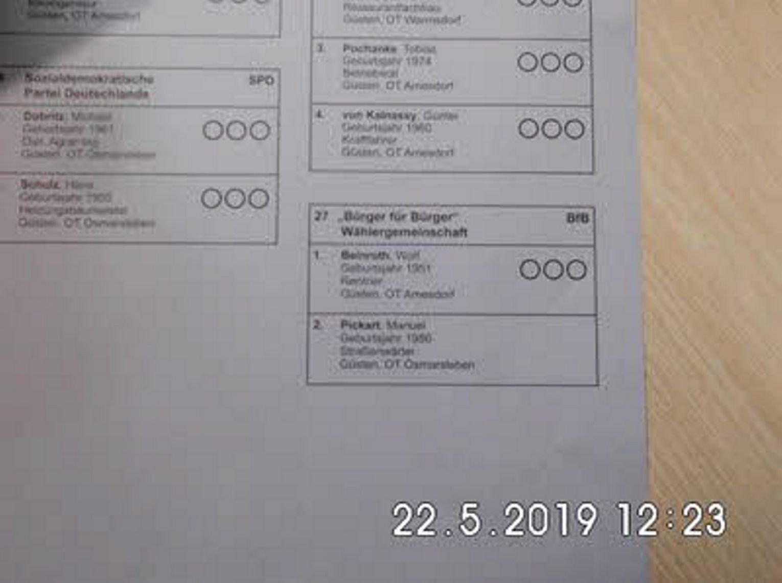 Der fehlerhafte Wahlzettel: Bei Kandidat Manuel Pickart fehlten die drei Kreise.
