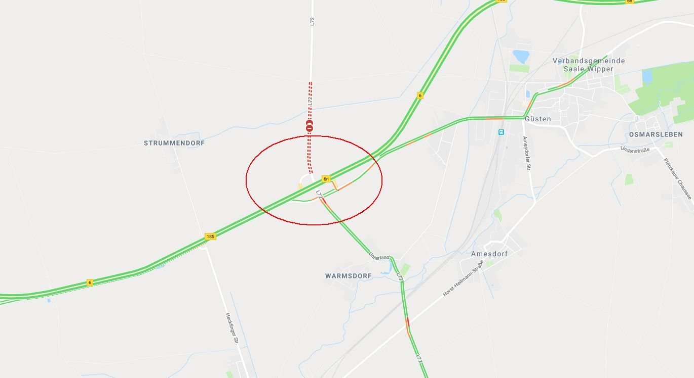Die Auf- und Abfahrt Güsten der Bundesstraße 6 Richtung Staßfurt ist wegen der Straßenbauarbeiten gesperrt.