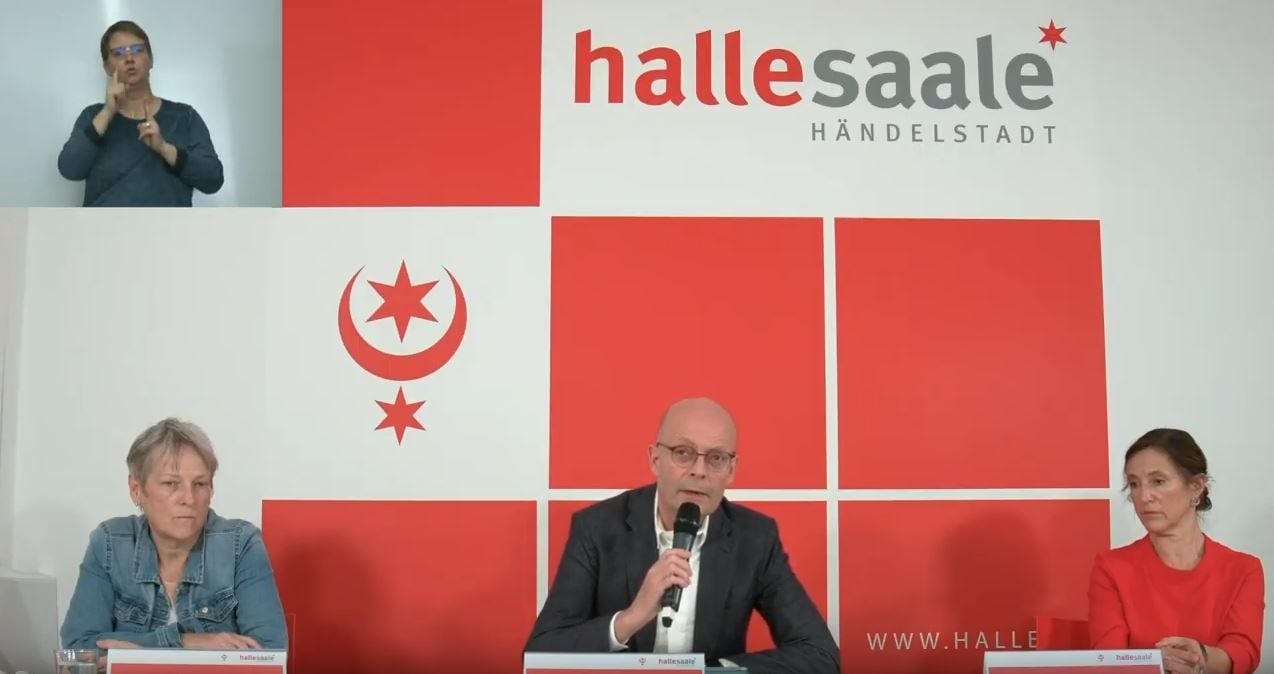 Pressekonferenz der Stadt Halle zur aktuellen Corona-Lage am Sonnabend.