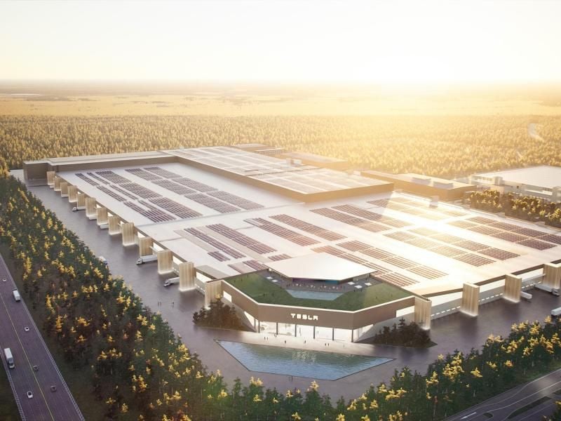 Das von Tesla zur Verfügung gestellte Handout zeigt eine graphische Darstellung der Tesla Gigafactory Berlin in Grünheide. Foto: ---/Tesla /dpa