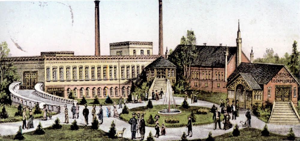 Ansicht aus früheren Zeiten: Badehaus und Kurgarten in Bad Schmiedeberg