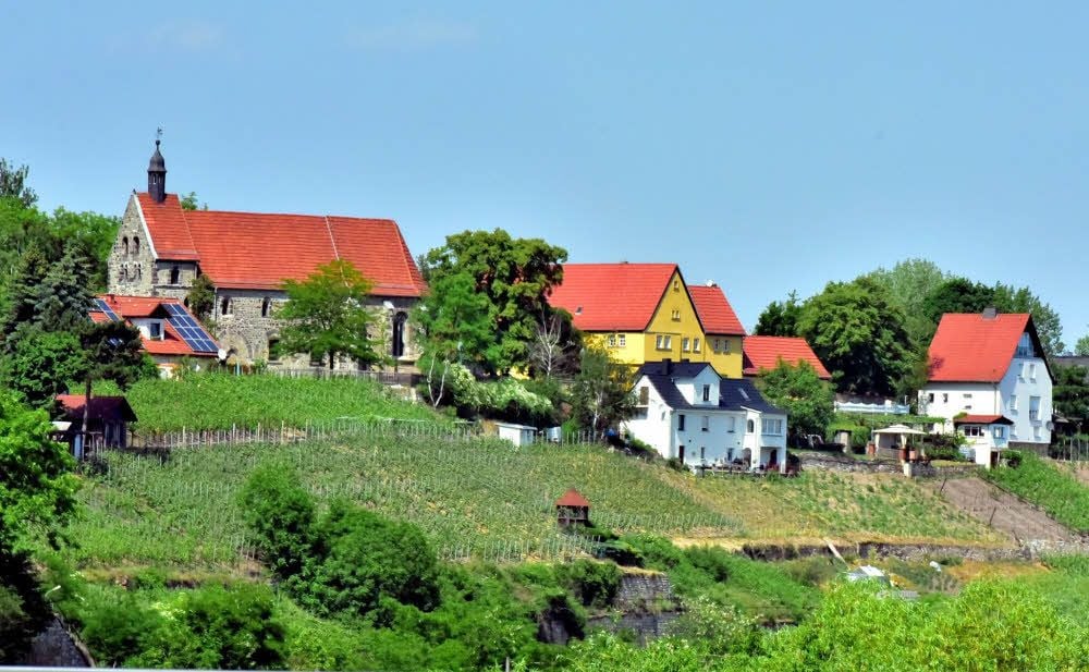 Blick auf Burgwerben: Weinberge in Steillage, Buntsandsteinuntergrund und Sonne satt sind die Garanten für gute Weine.