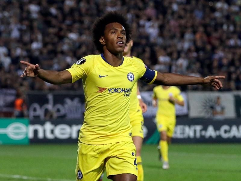 William jubelt über sein Tor zum 1:0 für den FC Chelsea gegen PAOK Saloniki. Foto: Thanassis Stavrakis/AP
