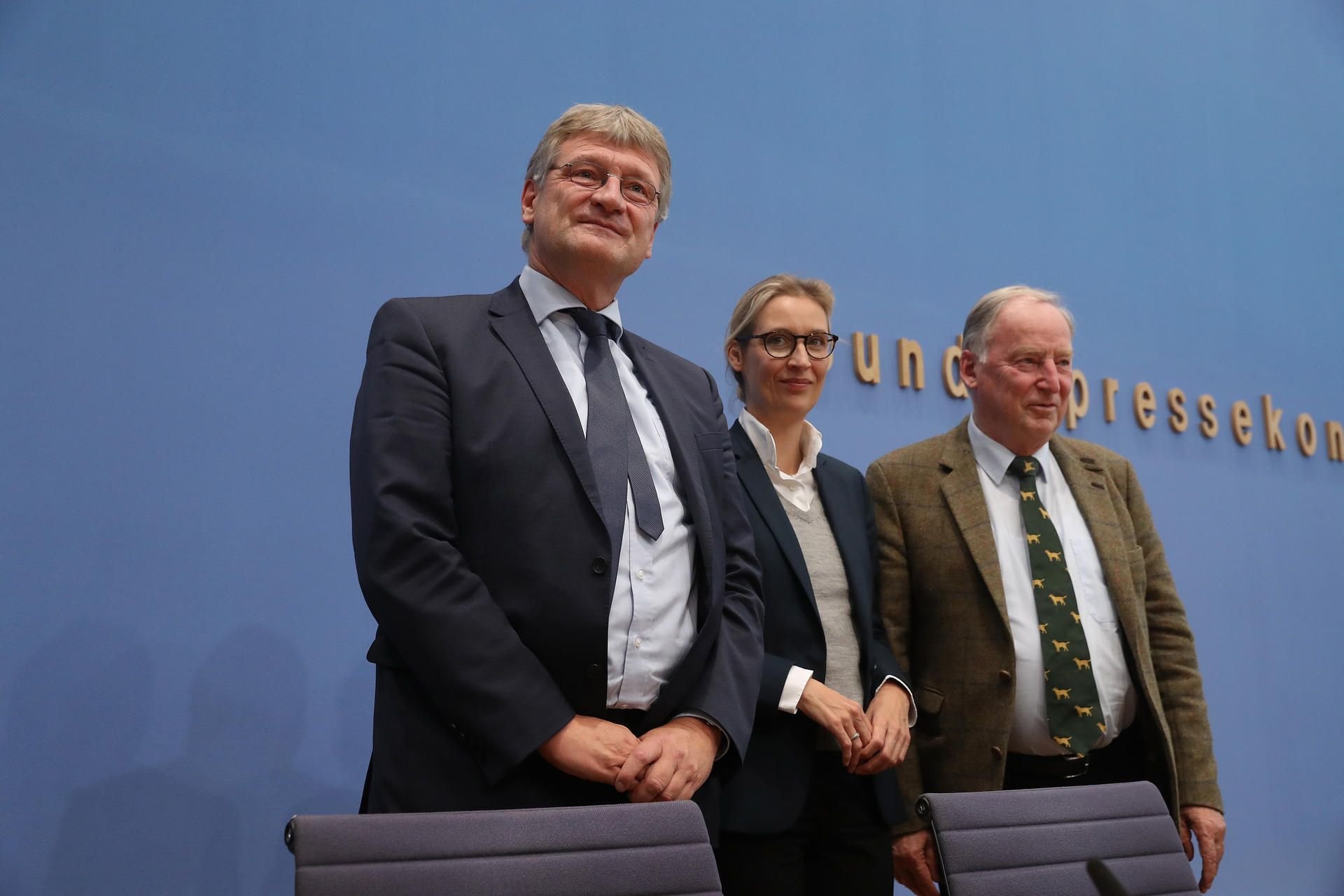 Jörg Meuthen, Alice Weidel und Alexander Gauland im Vorfeld einer Pressekonferenz am 25.09.2017.
