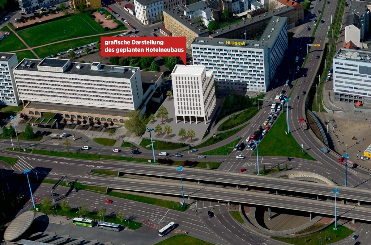 Die Montage der MZ zeigt, wie das Hotel des Investors aus Hessen am Riebeckplatz aussehen könnte.