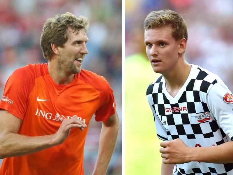Dirk Nowitzki (l) und Mick Schumacher spielen wieder beim Benefiz-Fußballspiel „Champions for Charity”. Foto: Thomas Frey
