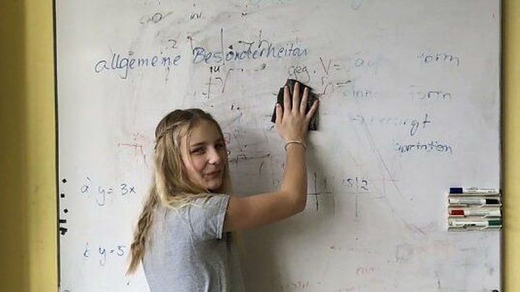Leonie aus der 8d zeigt das verschmierte Whiteboard.