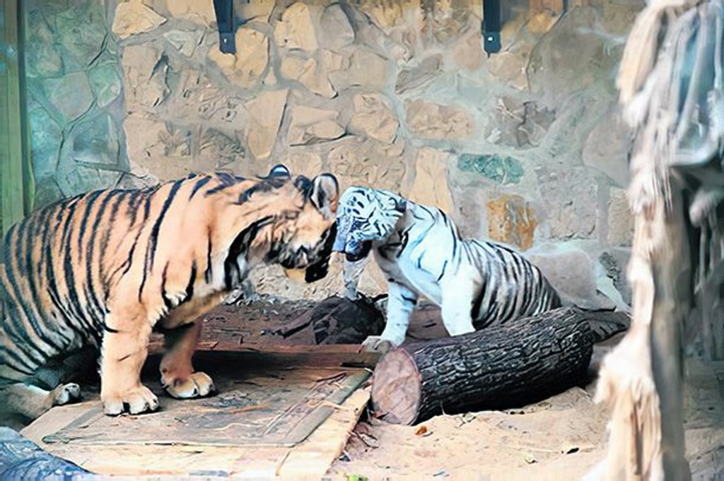 Das erste Kennenlernen: Damit die weiße Tigerin Kimmy nicht alleine war, bekam sie mit Kalle vor Jahren einen Gefährten. Die beiden hatten sich gesucht und gefunden.
