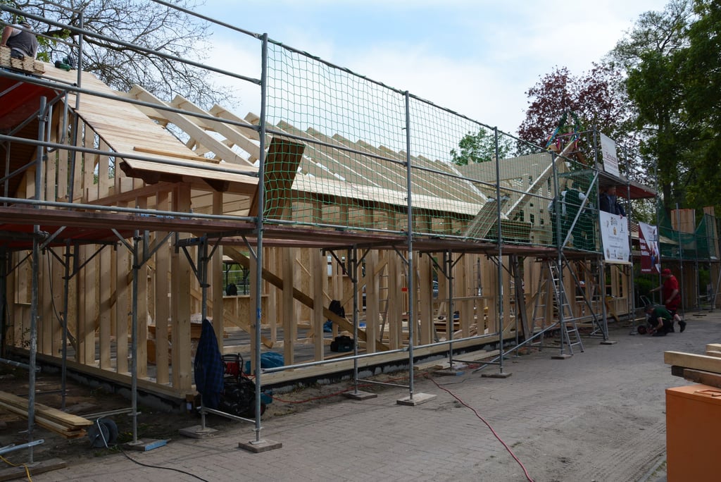 Der Holz-Rohbau für den neuen Stendaler Tiergarten-Kiosk steht, hier ist die Tiergartenseite zu sehen.