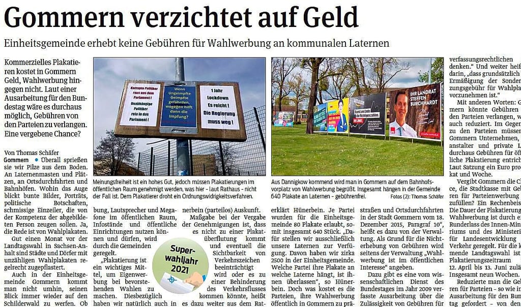 Im Beitrag vom 4. Mai wurde thematisiert, dass Gommern für Wahlwerbung keine Gebühren erhebt, obwohl dies rechtlich möglich wäre.