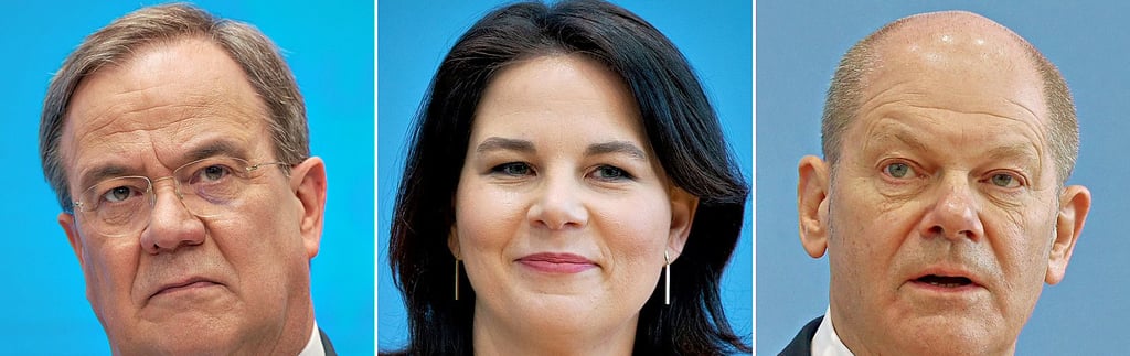 Die Kandidaten Armin Laschet (CDU), Annalena Baerbock (Grüne) und Olaf Scholz (SPD).