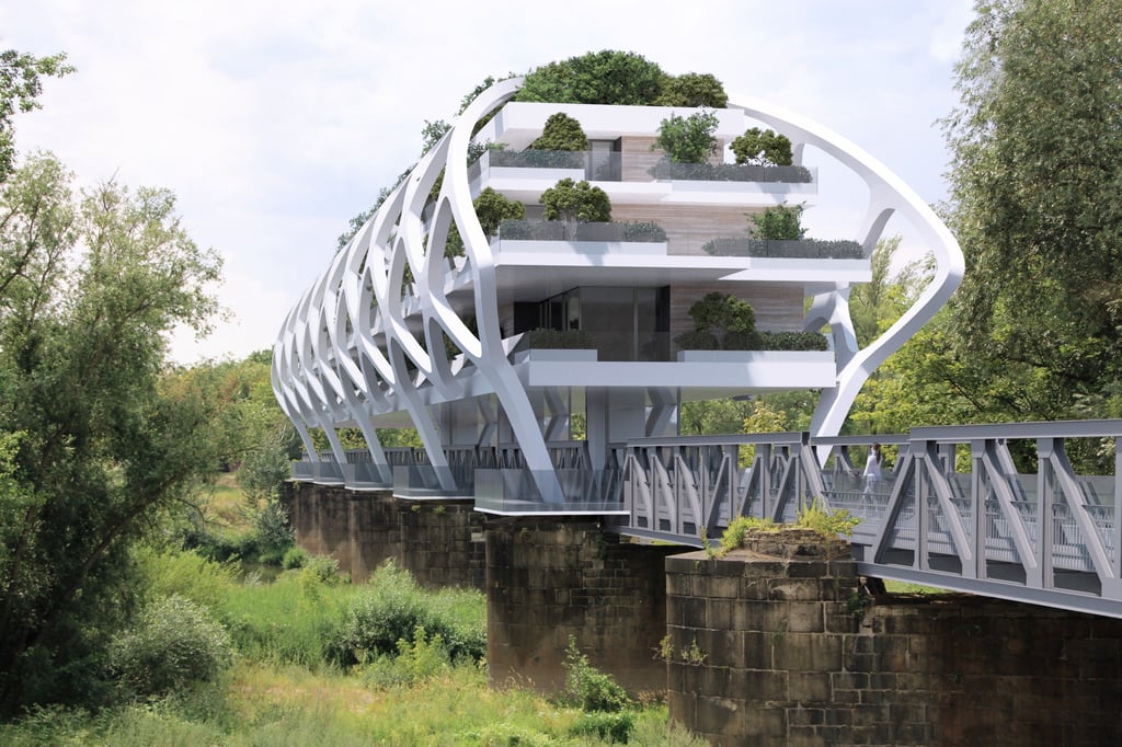 Visualiserung einer möglichen Brückenbebauung der Kanonenbahnbrücke in Magdeburg.