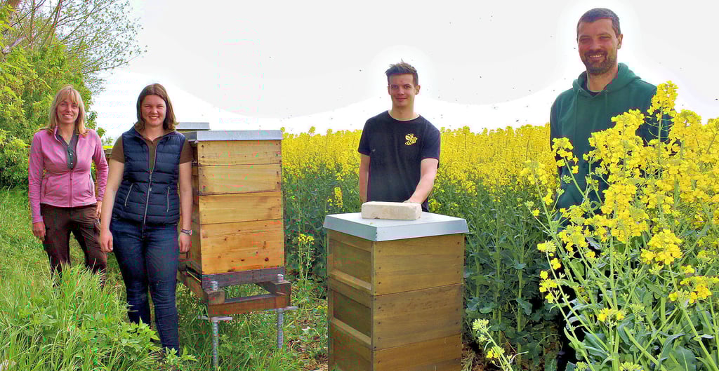 An einem Rapsfeld bei Hohendodeleben, wo er seine Bienen aufgestellt hat, kam der Imker Yves Krone mit den Landwirten Anke Felgentreff (links), Isabel Schnehage undPhillip Krainbring (rechts) ins Gespräch.