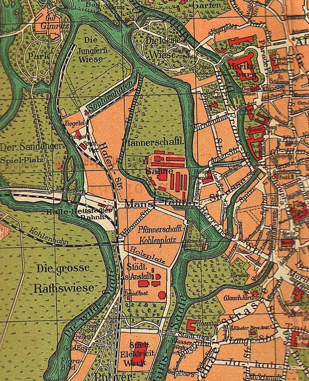 Ein Stadtplan von Halle aus dem Jahr 1906 zeigt die vielen Inseln, die die Saale mit ihren Armen bildet.